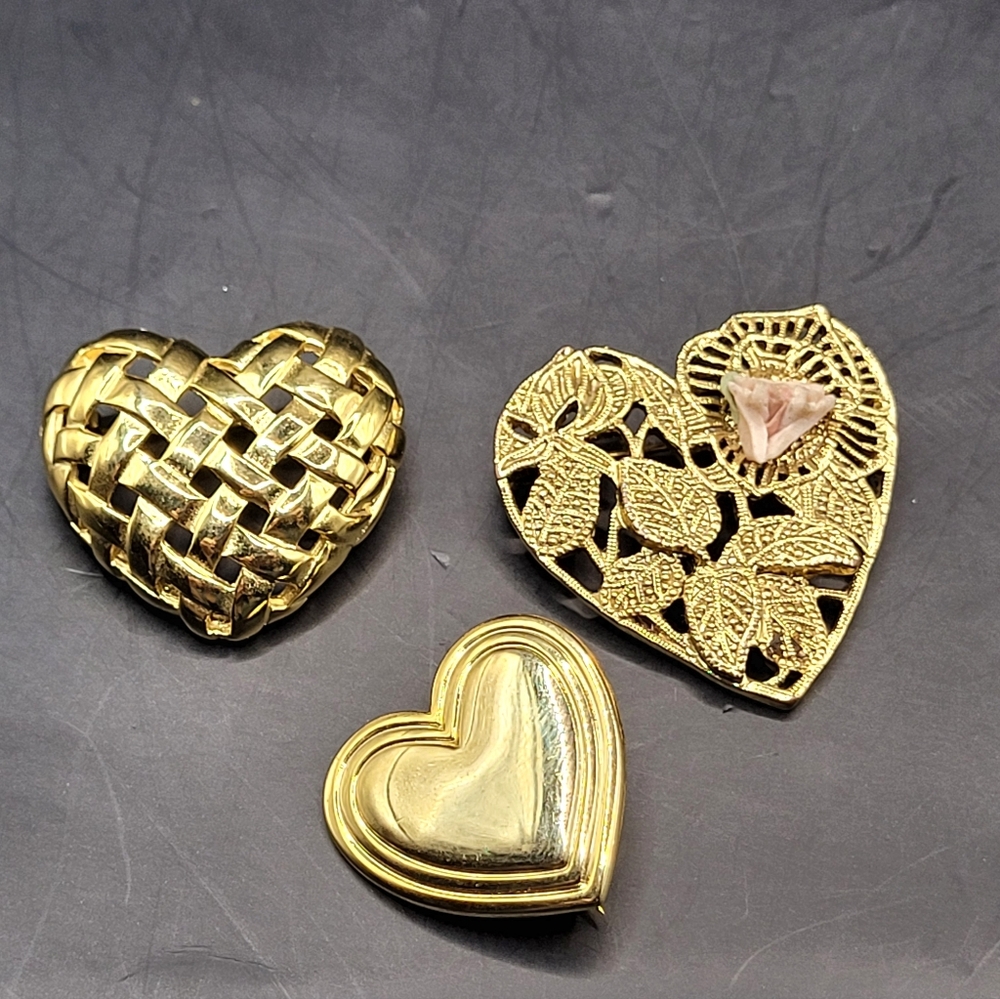 Vintage Heart Brooch Trio – Gold Tone & Floral Designs